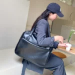 Women Custom Logo Office Laptop Briefcase Travel Work Handbag Multi-Functional Shopping Tote Bag with Front Pocket - Black